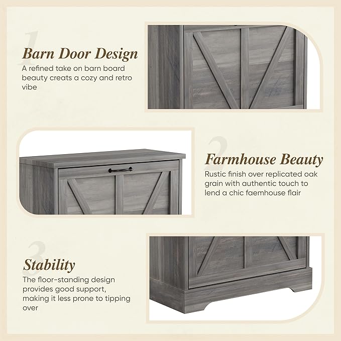 Semiocthome Farmhouse Shoe Storage Cabinet with 2 Flip Drawers, 23.6"(W) Freestanding Shoe Organizer with Barn Door and Metal Handles for Entryway, Rustic Narrow Slim Shoe Rack Cabinet - Washed Gray