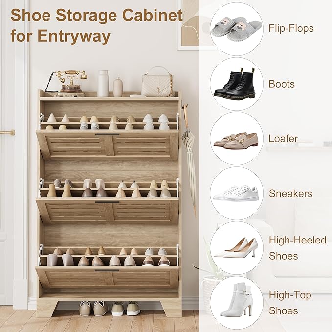Garvee Shoe Storage Cabinet with 3 Flip Drawers, Freestanding Shoe Organizer Storage for Entryway with 2 Side Hooks, Farmhouse Hidden Slim Narrow Shoe Rack Cabinet, Natural Oak