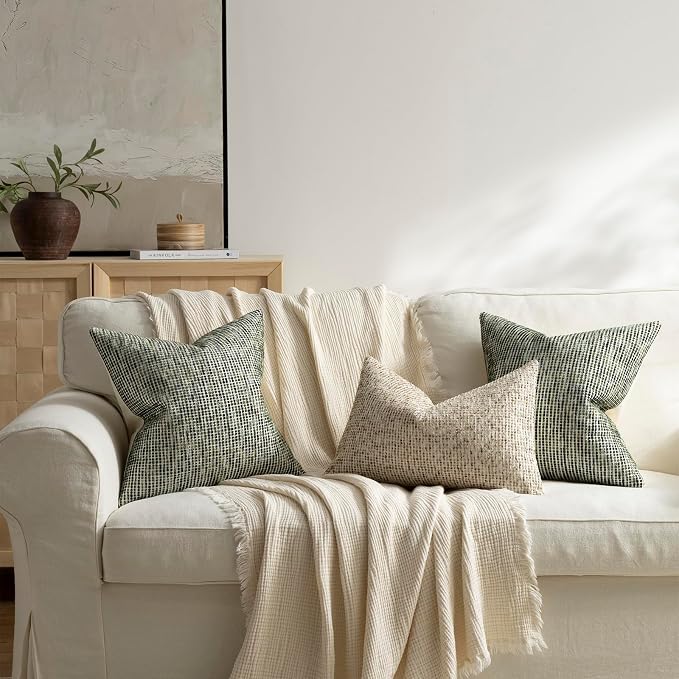 Pack of 2 Neutral Throw Pillow Covers 22x22 Boho Textured Dots Stripe Chenille Large Square Decorative Pillow Cases Accents for Living Room Couch Bed Farmhouse Home Decor, Olive Green
