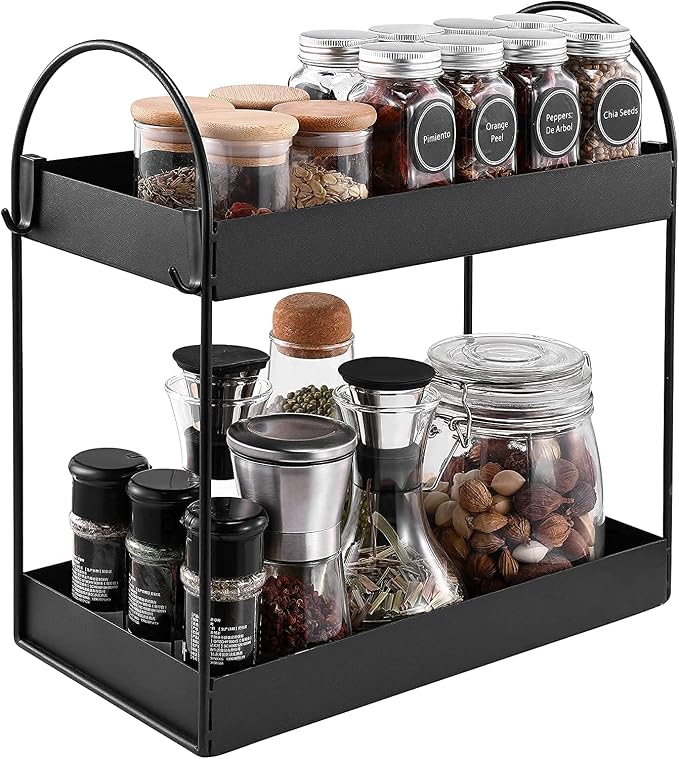 Go Hooked 2-Tier Standing Rack Bathroom Countertop Organizer Vanity Tray Cosmetic Makeup Storage Kitchen Spice Rack Standing Shelf (Black, Metal, Pack of 1), Medium, 2TIERCURVED-BK