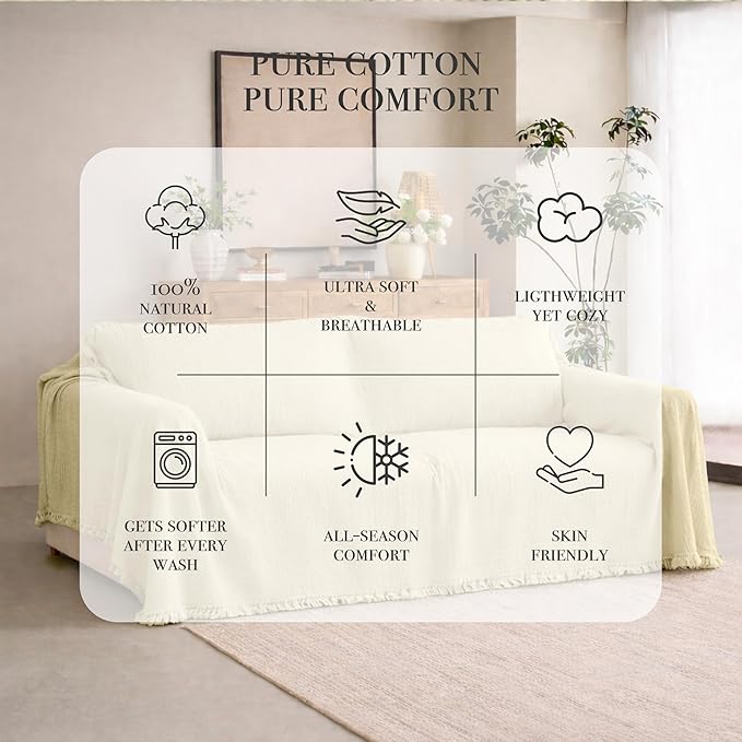 Extra Large Gauze Sofa Cover %100 Pure Cotton, Natural Couch Covers for 4 Seater, Sectional Sofa, Oversize 4 Layered Muslin Fabric, Cloud Like Washable Couch Cover (Cream, 95x181" / 240x460 cm)