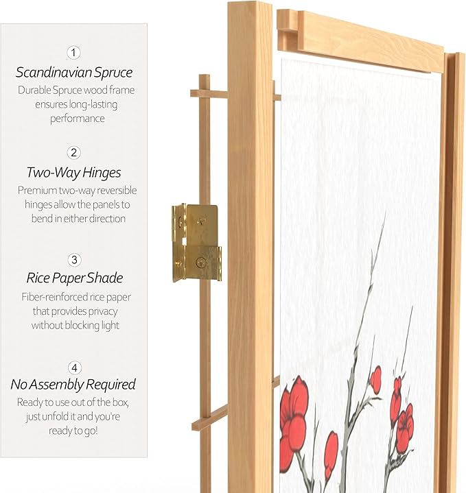 Red Lantern 7 ft. Tall Cherry Blossom Shoji Screen - Natural - 4 Panels