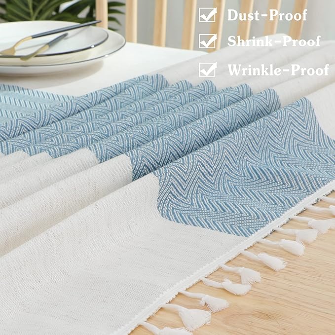 JIALE Tablecloths for Rectangle Tables,Cotton Linen Table Cloth Waterproof Tablecloth Wrinkle Free Farmhouse Dining Tables Cover,Soft Fabric Table Cloths with Tassels, Blue, 55" X 55",2-4 Seats