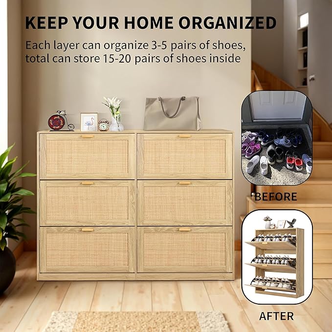 Finnhomy Extended Edition Shoe Cabinet with Natural Rattan Flip Drawers for Entryway, Free Standing 3 Tier Slim Shoe Organizer, Shoe Cabinet with 3-Gear Adjustable Width Drawers, Natural