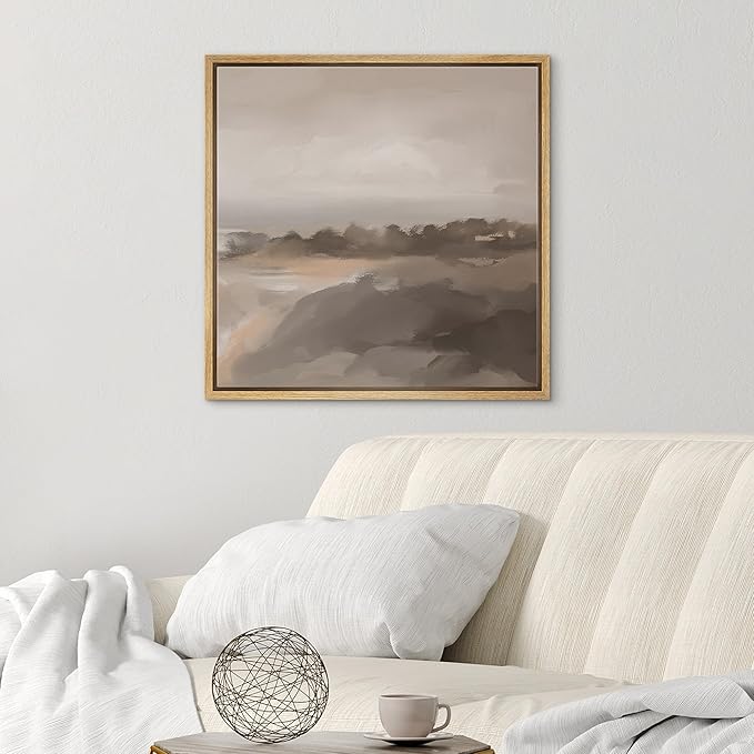 SIGNWIN Framed Canvas Print Wall Art Soft Neutral Coastal Landscape Tranquil Seaside Scene in Warm Beige Tones Illustrations Decorative Relax/Zen for Living Room, Bedroom, Office - 16"x16" Natural