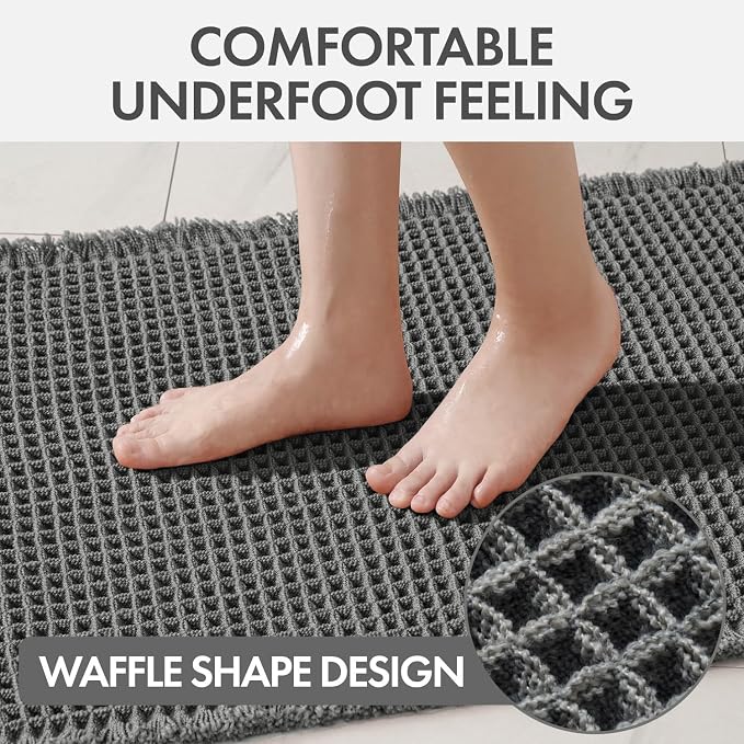 MIULEE Waffle Bathroom Runner Rugs, Super Absorbent Non Slip Bath Rug, Upgraded Soft Quick Dry Washable Boho Large Bath Mat with Tassels for Hallway Laundry Room Bedroom, 2'x5' (24"x60"), Dark Grey