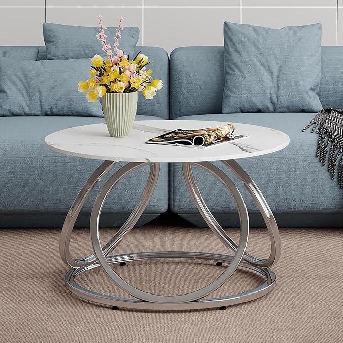 O&K FURNITURE Silver Coffee Table, Round Coffee Table Faux Marble Veins, Modern Center Table with Chrome Finish, for Living Room, Home Office, 1 PC