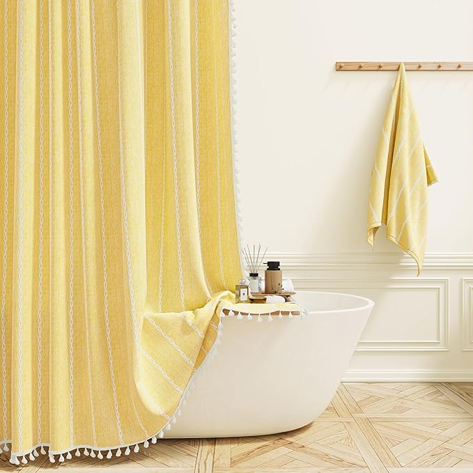 BTTN Boho Farmhouse Shower Curtain - Linen Rustic Heavy Duty Striped Fabric Shower Curtain Set, Bohemian Vintage Country Cloth Shower Curtains for Bathroom, Yellow, 54" W x 78" L (Pack of 1)