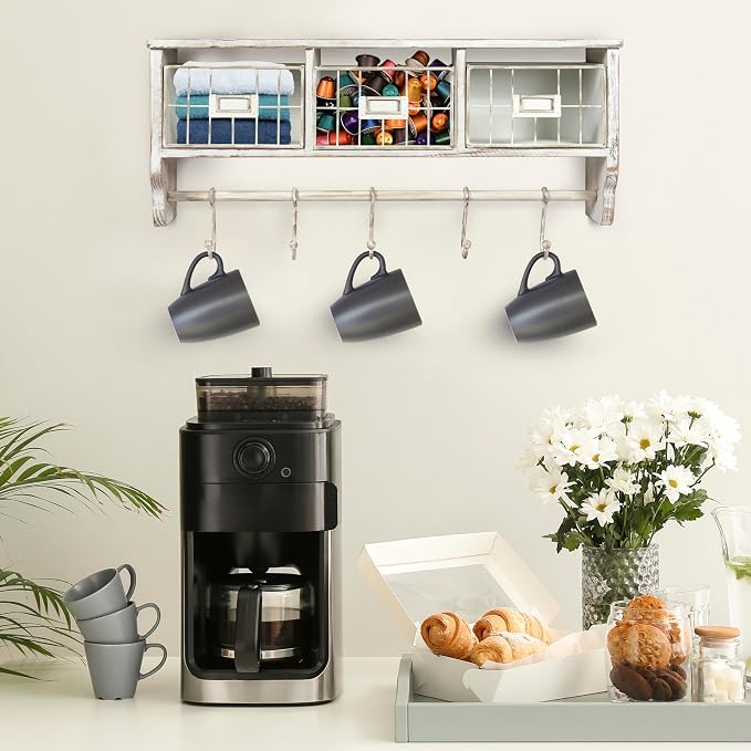 BizChair Wall Mounted Storage Rack - Whitewashed Solid Pine Wood - 24 Inch - Upper Shelf - 5 Hooks - Wire Baskets - For Entryway, Kitchen, Bathroom