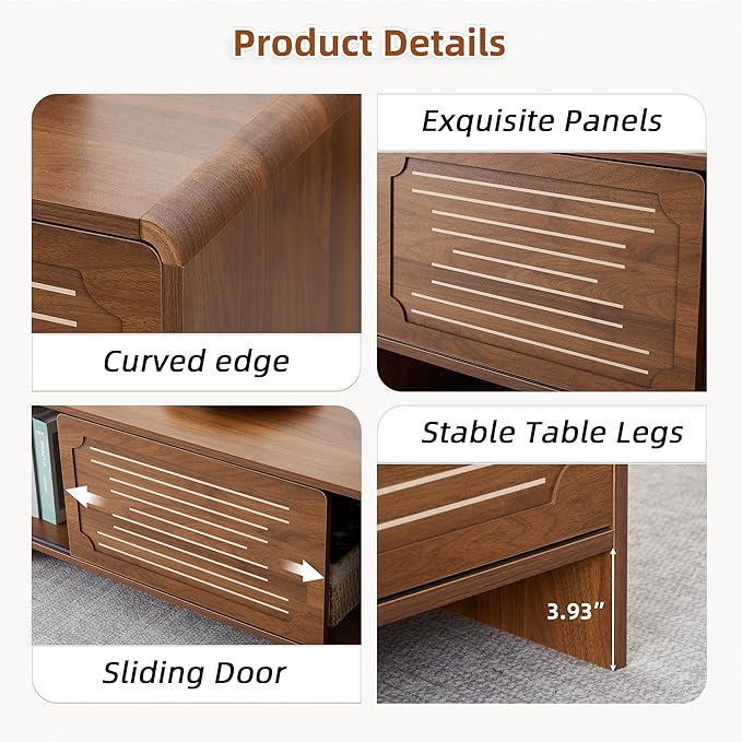 43.3'' Coffee Table, 2-Tier Rectangle Center Table with Sliding Door, Wood Modern Coffee Tables with Sturdy Base & Rounded Corners for Living Room, Office, Small Space