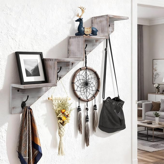 Hookmous Coat Rack Wall Mount with Shelf, White Wall Shelf with Hooks, Sturdy Wooden Rise Staircase Shelves, Space-Saving Decorative Organizer for Entryway, Mudroom, Hallway, Living Room, Bedroom