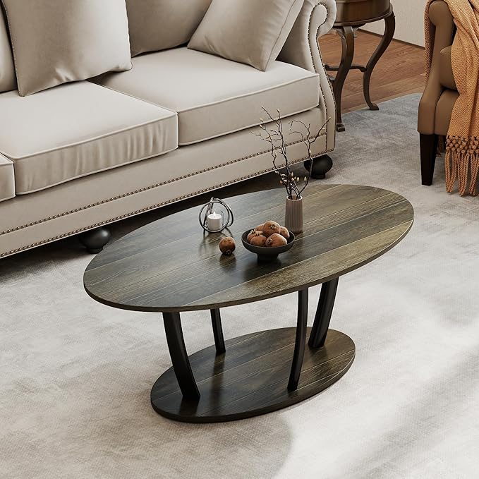 Manora Rustic Small Oval Coffee Table for Living Room, Narrow Wood Center Table with Shelf, Retro Style Coffee Table with Curved Metal Legs, Stable and Easy Assembly, Gray
