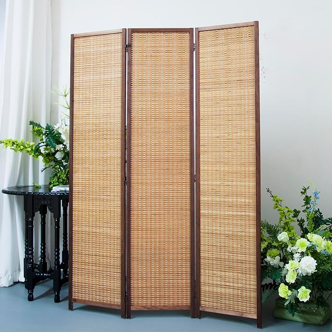 3 Panel Bamboo Room Divider Screen,5.6 FT Tall Bamboo Divider Folding Panel Screen,Freestanding Panel Divider for Room Seperation,Brown