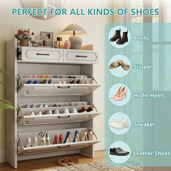Shoe Cabinet with 3 Large Flip Drawers and 2 Storage Drawers, Narrow Shoe Organizer Cabinet Fits for Kinds of Shoes, Hidden Shoe Storage Cabinet for Entryway, Hallway, White