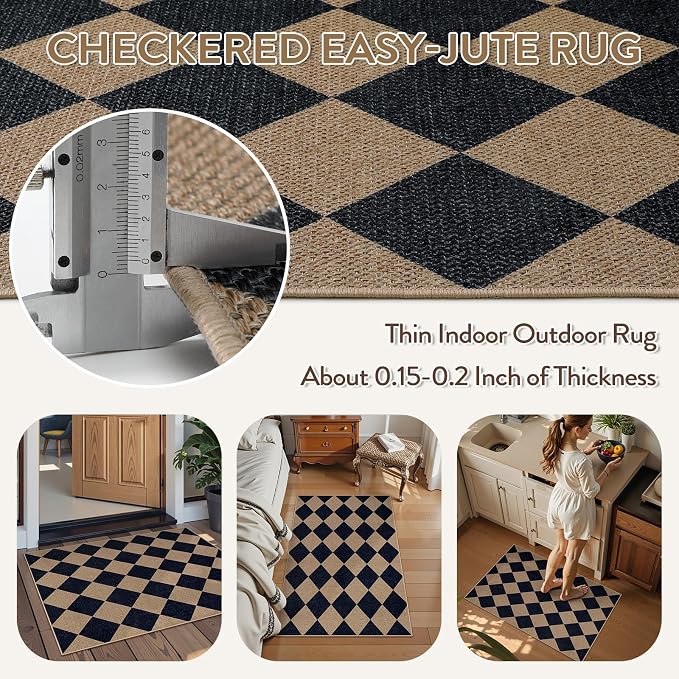 Lahome Colette Checkered Easy Jute Kitchen Rug, 2x3 Indoor Door Mat Small Neutral Area Rug, Farmhouse Diamond Non Slip Non Shedding Lightweight Floor Carpet for Entry Porch