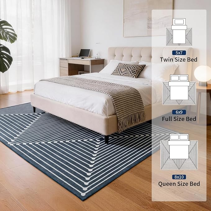 YIHOUSE Washable 8x10 Area Rugs for Living Room, Dark Blue Striped Rug for Bedroom Non Slip Low Pile, Large Modern Geometric Carpet for Playroom Dining Room Home Office Decor