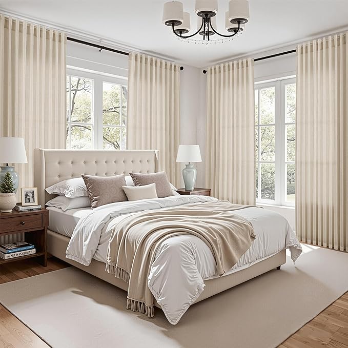 Nanspring Modern Farmhouse Decor Curtains 96 Inches Long for Living Room Linen Cream Beige Luxury Light Filtering Semi Sheer Curtain Back Tab Coastal Drapes for Bedroom Office 52x96, 2 Panels