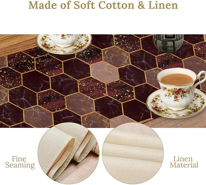 Hexagon Marble Table Runner, Luxury Wine Red Abstract Geometry Gold Accent Table Runner for Kitchen Dining Home Party Wedding Decor, 13x90 Inch