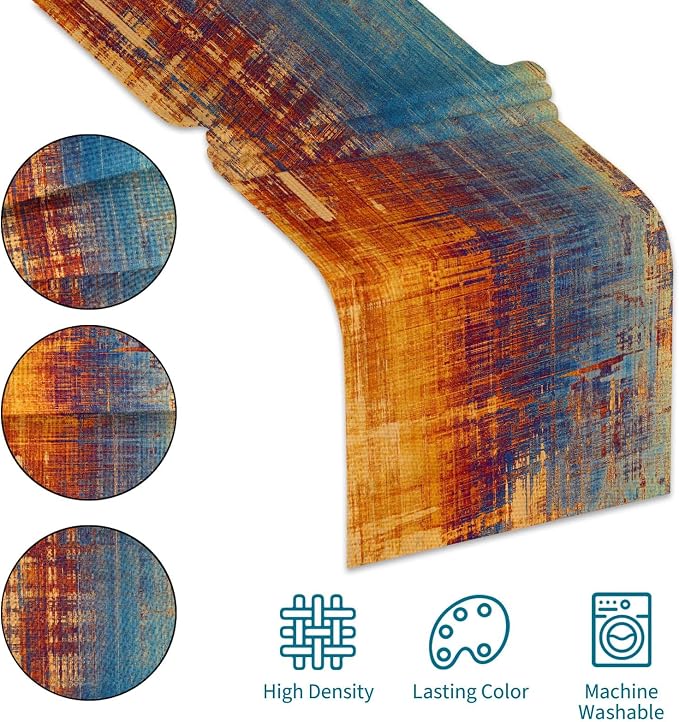 Orange and Blue Table Runner Modern Abstract Messy Rust Painting Linen Dresser Runner Vintage Farmhouse Style Table Decor for Kitchen Dining Wedding Coffee Home Party (13"x 90", Orange)