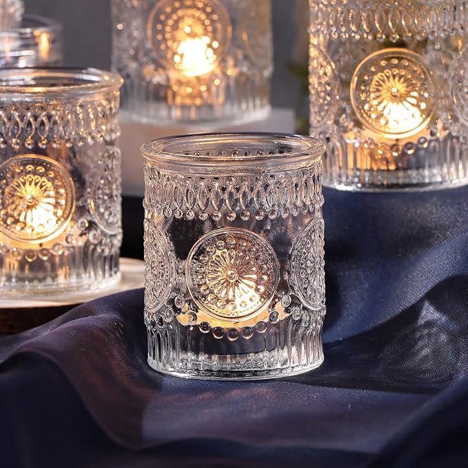 DARJEN Clear Votive Candle Holders Set of 24- Glass Candle Holders Bulk for Tea Light Candle, Embossed Candle Votives for Wedding Centerpiece, Living Room & Home Table Decor