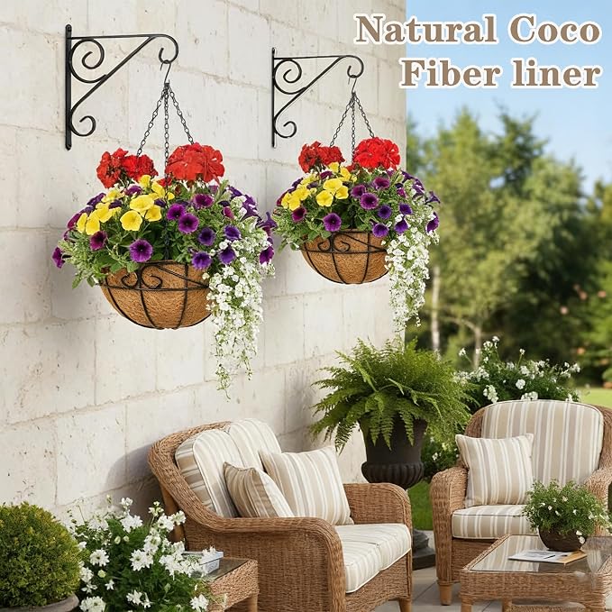 EIMQUVW 4 Pack Outdoor Patio Hanging Baskets 12 Inch Chain Link Round Metal Hanging Planters with Coco Liner Wire Flower Pots Suitable for Balconies Porches Gardens and Windowsills