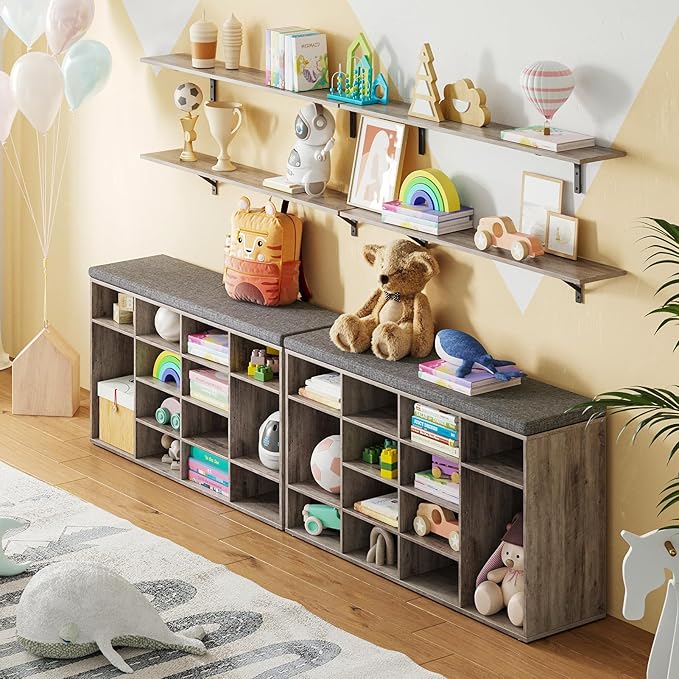 DINZI LVJ Shoe Storage Bench with Cushion, 16-Cubby Shoe Rack, Adjustable Shelves, Multifunctional Shoe Organizer Bench for Entryway, Mudroom, Hallway, Living Room, Bedroom and Garage, Greige