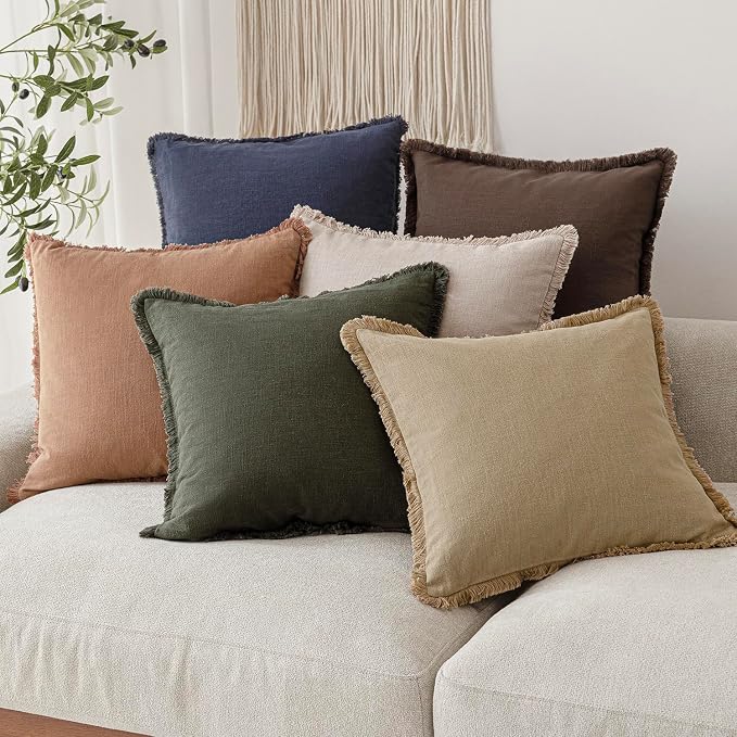 Foindtower Set of 2 Decorative Linen Fringe Throw Pillow Covers Farmhouse Cushion Cover with Tassels Soft Accent Pillowcase for Couch Chair Sofa Bed Living Room Home Decor,22×22 Inch,Light Khaki Taupe