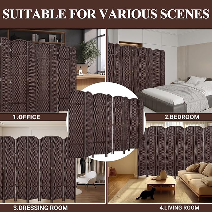HALLYBEE Room Divider, Room Dividers and Folding Privacy Screens, 16in Privacy Screen, 8 Panel Temporary Wall Partitions, 6ft Space Separation Panel Screen, Brown