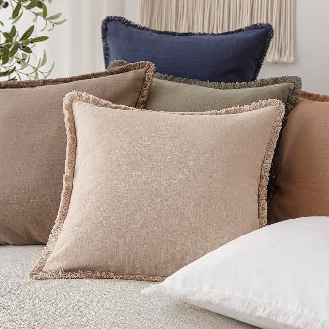 Foindtower Set of 2 Decorative Linen Fringe Throw Pillow Covers Boho Farmhouse Cushion Cover with Tassels Accent Pillowcase for Couch Chair Sofa Bed Living Room Home Bedroom Decor,12×24 Inch,Tan Beige