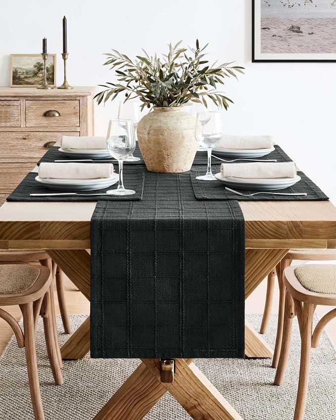 ZeeMart Linen Checked Farmhouse Table Runner, 13x72 Inches Black | Raised Grid Design, Rich Woven Texture, Linen Blend Table Runners 72 Inches Long, Machine Washable, Boho Home Kitchen Decor