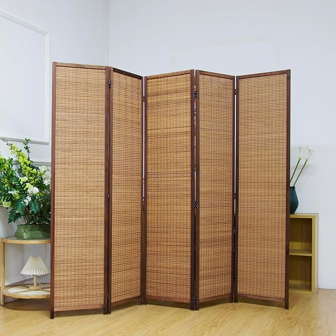 5 Panel Bamboo Room Divider Screen,5.6 FT Tall Bamboo Divider Folding Privacy Screen,Freestanding Panel Divider for Room Seperation,Brown