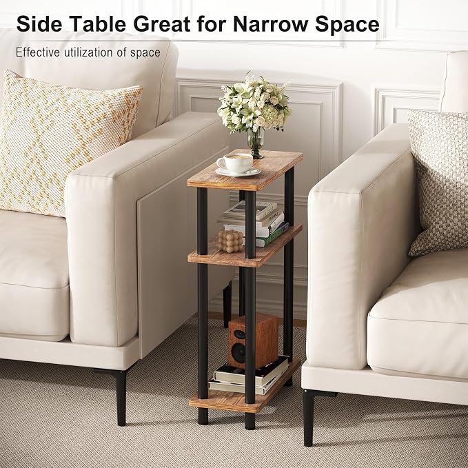 Apicizon Small Narrow Side Table, 3-Tier Skinny End Table for Small Spaces, Slim Nightstand with Fabric Basket, Bedside Table for Living Room, Bedroom, Rustic Brown and Black