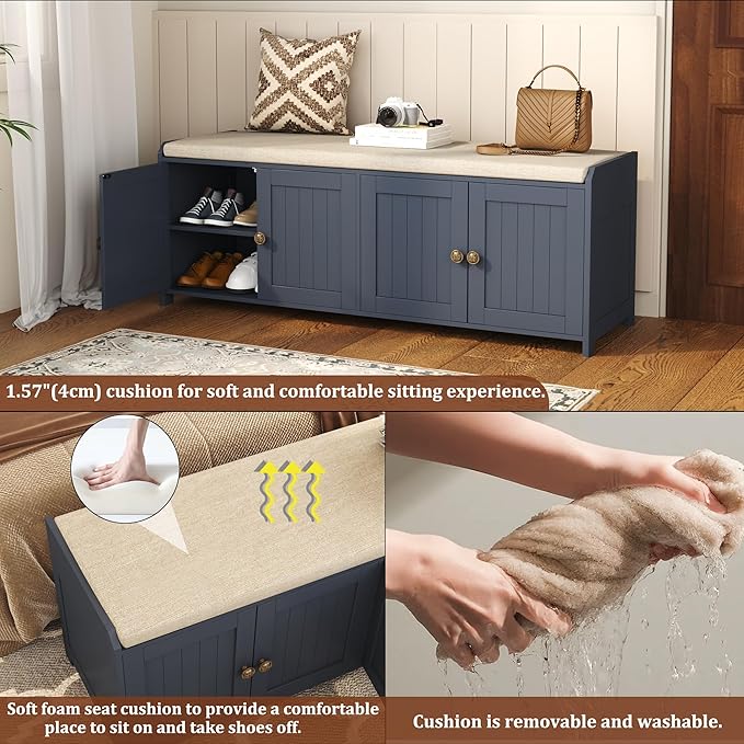 HOMEFORT 48.4" Shoe Storage Bench with Cushion, Entryway Bench with Paddded Seat, 2-Tier Shoe Cabinet Bench with Adjustable Shelves and 4 Doors, Wooden End of Bed Bench, for Bedroom, Hallway, Blue
