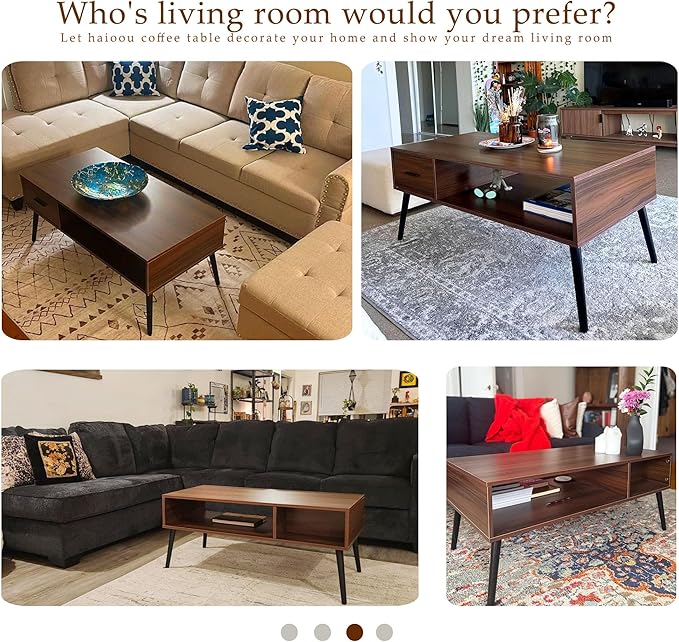 HAIOOU Coffee Table, Mid Century Modern Center Table for Living Room with Storage, Walnut Tea Table with Drawer, Open Storage Shelf, Floor-Anti-Scratching Pine Leg for Home, Office(Dark Brown) | Center Table, Living Room, Storage, Tea Table, Drawer, Op...
