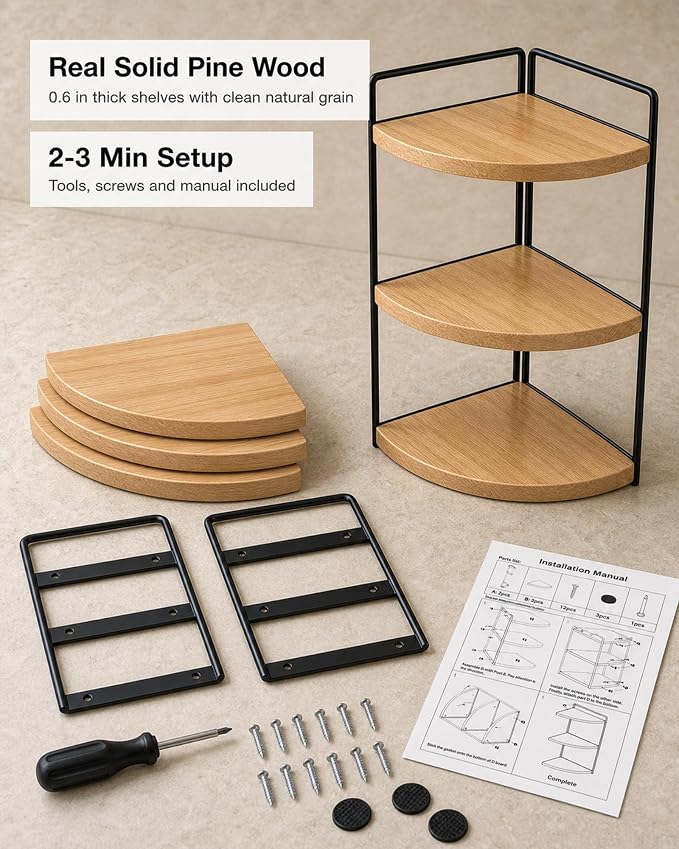 3-Tier Corner Bathroom Countertop Organizer, Solid Pine Wood Vanity Corner Shelf for Skincare & Makeup, Waterproof Standing Rack for Bathroom, Kitchen & Dresser, Large 15.7" H, Natural Wood