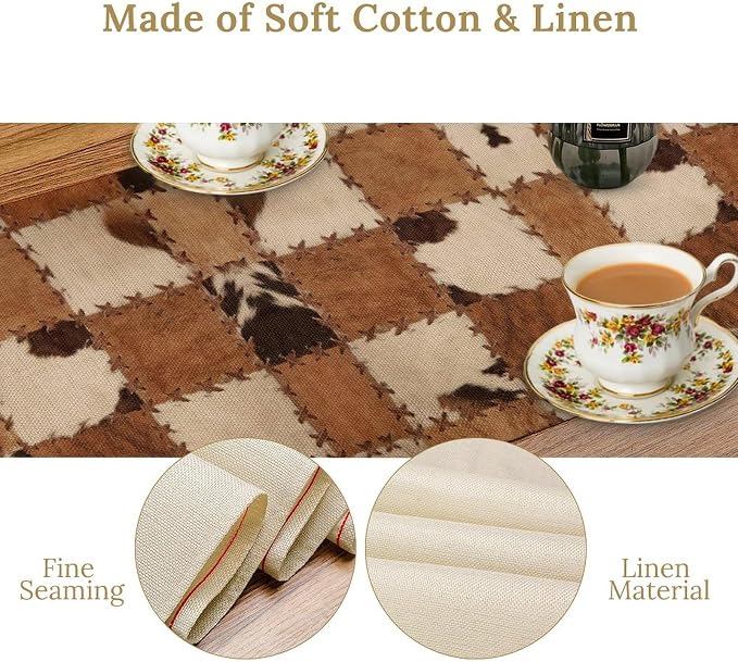 Western Style Cowhide Table Runner,Leather Animal Hair Vintage Splicing Grid Pattern Table Runner for Coffee Table Dining Room Table Bedroom Party Holiday Decor 13x36inch
