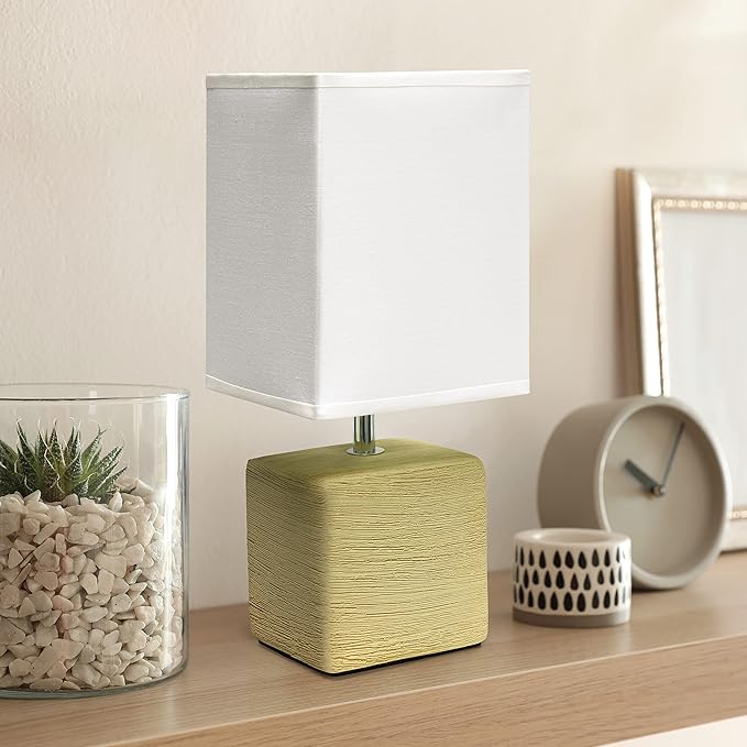 Simple Designs LT2072-BGE Petite Faux Stone Table Lamp with Fabric Shade, Beige with White Shade