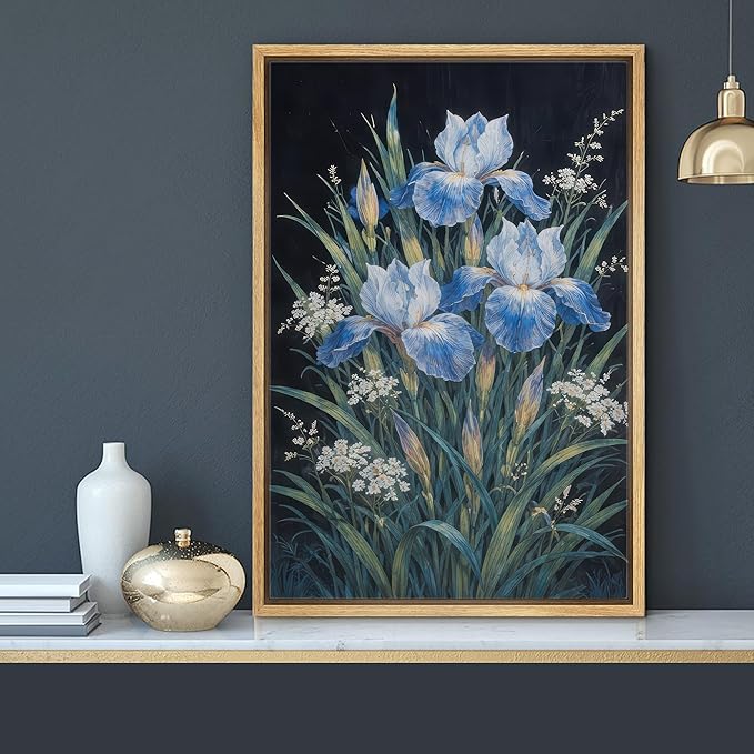 MUDECOR Framed Canvas Print Wall Art Blue Iris Botanical Floral Illustrations Minimalism Decorative Bohemian Zen for Living Room, Bedroom, Office - 16"x24" NATURAL