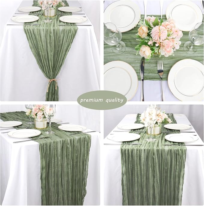 12 Pack 10Ft Cheesecloth Table Runner 35x120 Inch Boho Gauze Table Runner Cheese Cloth Long Romantic Table Runners for Wedding Bridal Shower Birthday Party Table Decor (Dusty Sage Green)