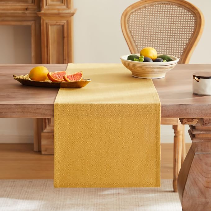 ZeeMart Rustic Cotton Linen Table Runner, 13x48 Inches Yellow, Farmhouse Style Yellow Table Runners 48 Inches Long, Washable Kitchen Dining Table Decoration for Home Party Decor