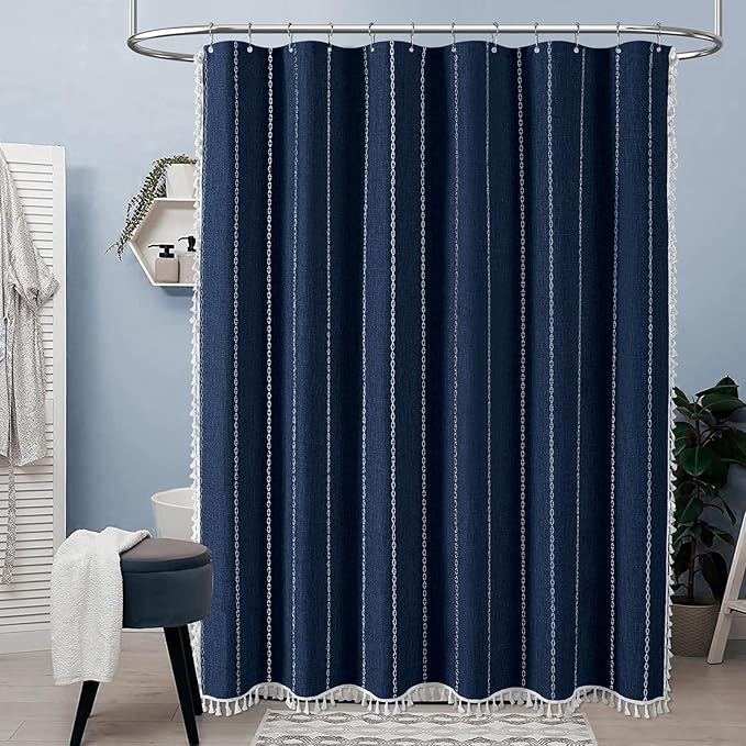 BTTN Boho Farmhouse Shower Curtain - Linen Rustic Heavy Duty Striped Fabric Shower Curtain Set with Tassel, Bohemian Vintage Country Cloth Shower Curtains for Bathroom，Navy Blue，72" W x 84" L
