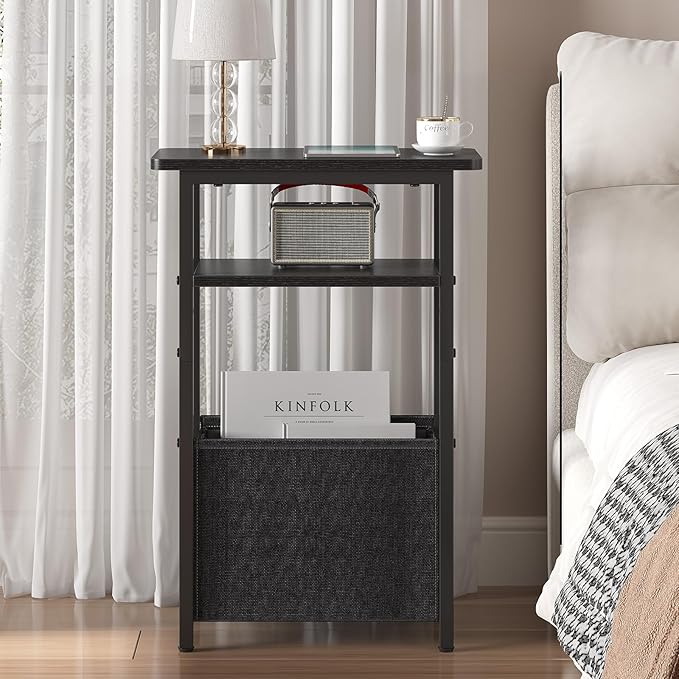 sthmec Narrow Side Table Set of 2, Skinny End Tables with Fabric Basket, Small Side Tables for Small Space,2-Tier Open Shelves with Basket, Slim Nightstands Set 2 for Bedroom,Livinroom,Office, Black