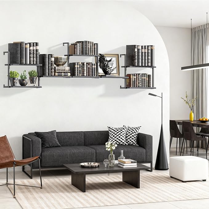 Wall Mounted Bookshelves, 80″ Floating Shelves for Wall, 8-Tier Wooden Hanging Bookshelf, Easy Installation Book Organizer for Home Office, Living Room, and Bedroom