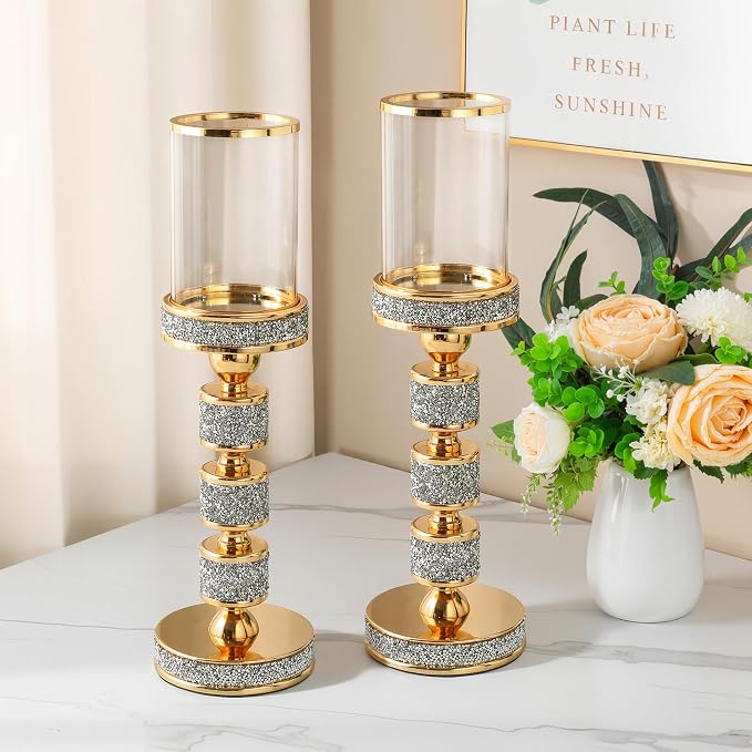 Hurricane Candle Holder, 15.9" Tall Metal Candle Stand, Glass Pillar Candle Holders, Crystal Gold Decorative Centerpieces for Table, Wedding and Dining Room (Fits Candles up to 3"x5", 2pcs, L)