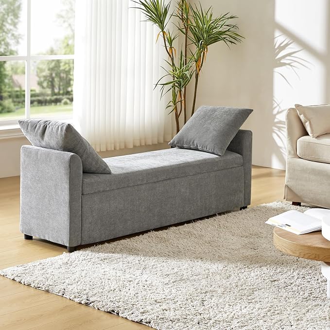 HULALA HOME 59" Storage Bench with 2 Throw Pillows, Modern Long Bedroom Bench for End of Bed, Comfy Upholstered Footstool for Entryway Living Room, Grey