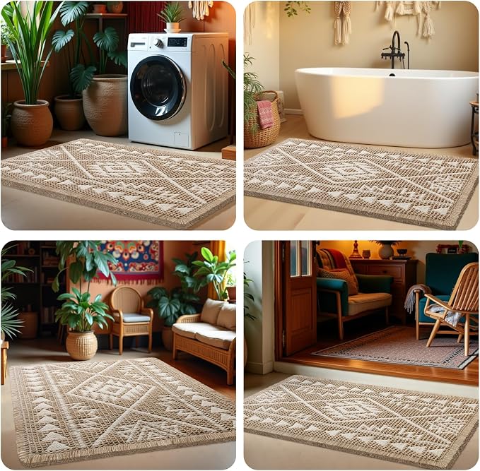 Waffle Bath Mat, Boho Woven Modern Bath Rug Absorbent Non Slip, Ultra Soft Bathroom Mats, Machine Washable Knit Bath Rugs with Triangle Border for Bathroom, Bedroom, Kitchen, 36"x24", Beige & White