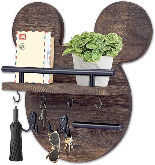 AIRPOP Key Holder for Wall–Mouse Wooden Mail Organizer Wall Mount with Shelf and 6 Hooks, Easy Installation Key Rack Hanger for Entryway Living Room Home Decor (Brown)