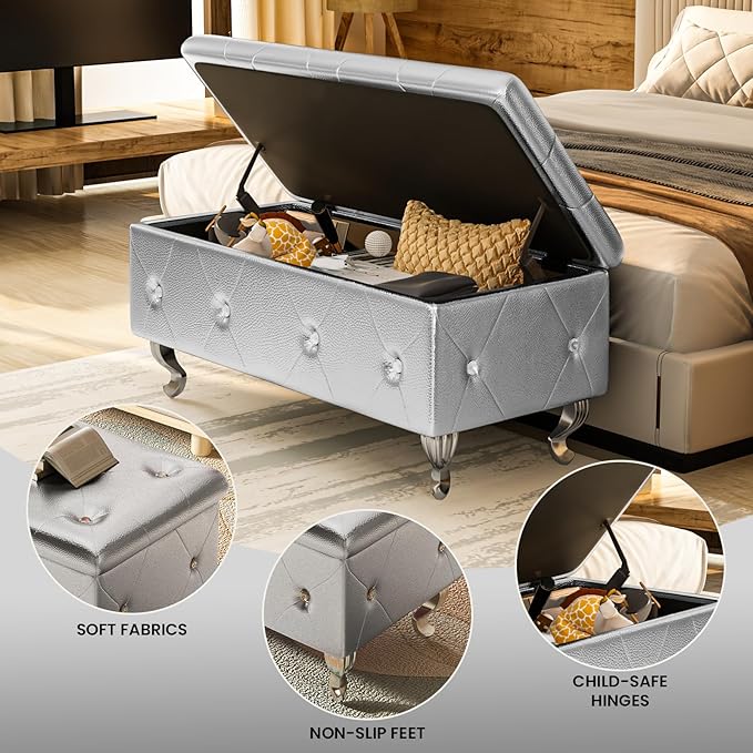 DKLGG Storage Ottoman Bench for Bedroom, Upholstered Entryway Bench with Legs & Safety Hinge, Small Storage Bench for Living Room/End of Bed/Entryway/Window, Silver