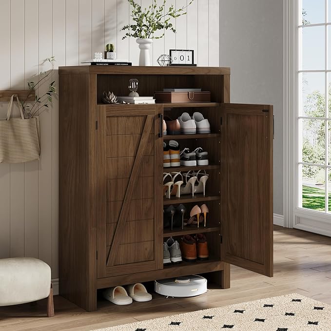 ONBRILL 6-Tier Shoe Cabinet with Doors, Farmhouse Shoe Storage Cabinet with Adjustable Shelves, Large Capacity Wooden Shoe Rack Organizer for Entryway, Closet, Hallway, Living Room (Walnut)