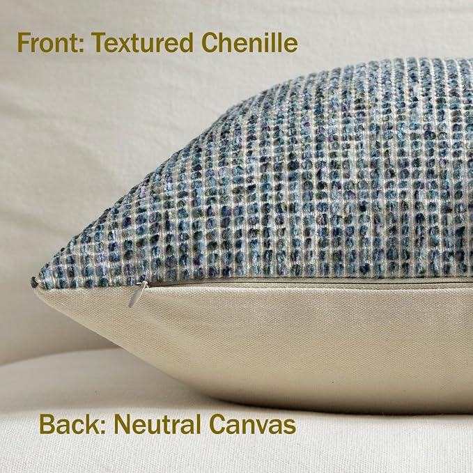 Pack of 1 Neutral Lumbar Pillow Covers 14x36 Boho Textured Dots Stripe Chenille Rectangular Long Decorative Body Pillow Cases Accents for Living Room Couch Bed Farmhouse Home Decor, Turquoise Blue